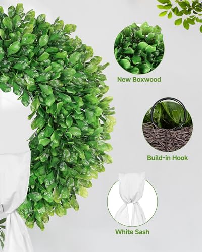 vlorart 24 inch faux round boxwood wreath, weatherproof, side view