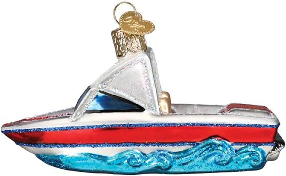 Old World Christmas Ski Boat Glass Blown Ornament for Christmas Tree, Handcrafted Holiday Decoration, Boating Collection