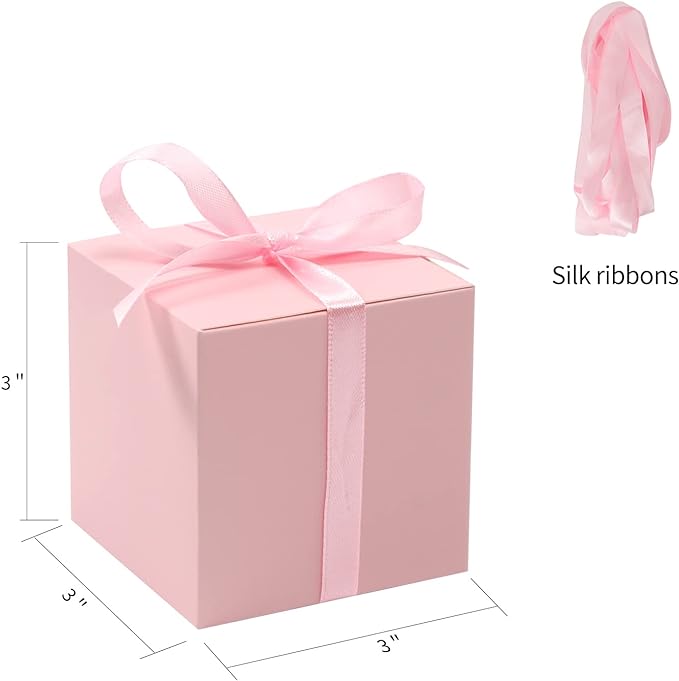 COTOPHER 100pcs Wedding Favor Boxes, Paper Gift Boxes 3x3x3 Inches Small Gift Boxes with Ribbons Small Boxes for Gifts, Crafting, Cupcake, Candy, Bridesmaid Proposal Boxes，Easy Assemble Boxes (Pink,