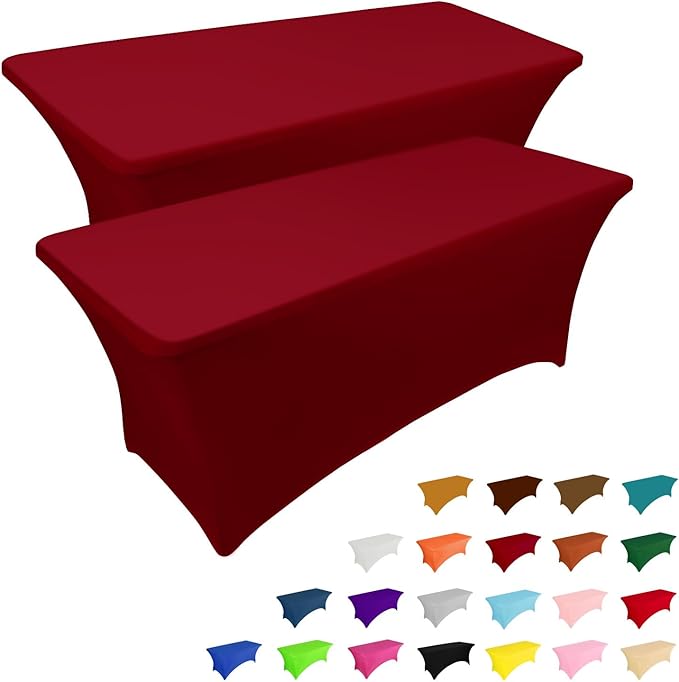 IVAPUPU 2 Pack 4FT Table Cloth for Rectangular Fitted Events Stretch Burgundy Table Covers Washable Spandex Tablecloth Protector for Party, Wedding, Cocktail, Banquet, Festival