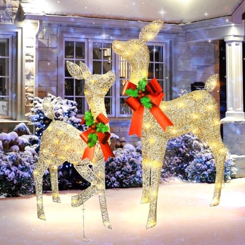38in christmas deer set decoration 2pc deers, lighted shown in use