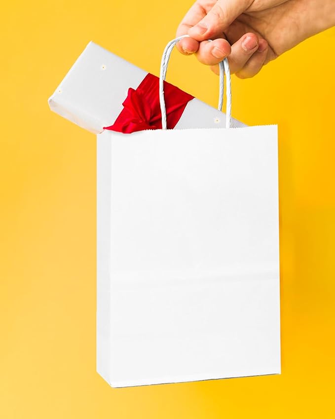 qiqee 50-Packs White Paper Gift Bags with Handles Bulk 4.5"x2.5"x6" Mini Size Party Favor Bags Multiple Uses