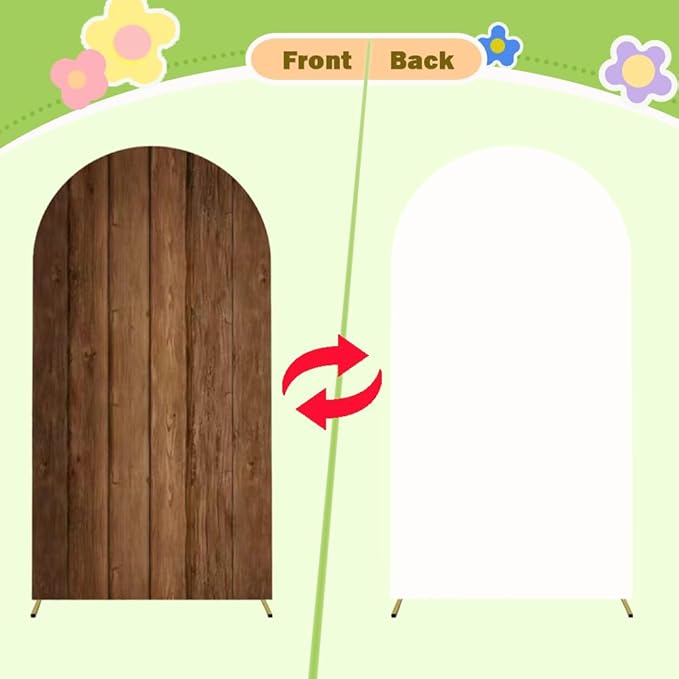 Wood Arch Cover 5ft Arch-Backdrop-Cover Cowboy Brown Arch Covers Stretchy Backdrop Double Sided White and Wood Print Back Drop Cover for Baby Shower Wedding Rustic Farmhouse Jungle Party Decor
