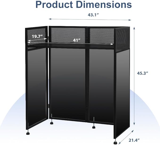 LUCKUP Portable DJ Booth 41"L x 20"W DJ Facade with White & Black Scrim, Foldable DJ Table Station with Adjustable Feet for Party, Black Metal Frame