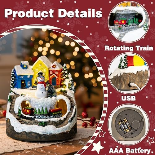 mxwcy christmas village house with moving train &, close-up detail
