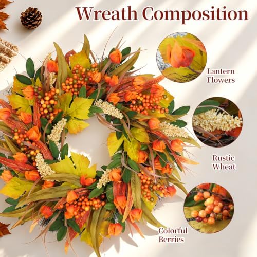 yangrass 24 inch fall harvest wreath for front, close-up detail