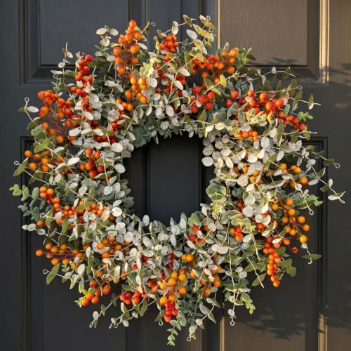 24" fall eucalyptus boxwood wreath, orange berries front, main product view