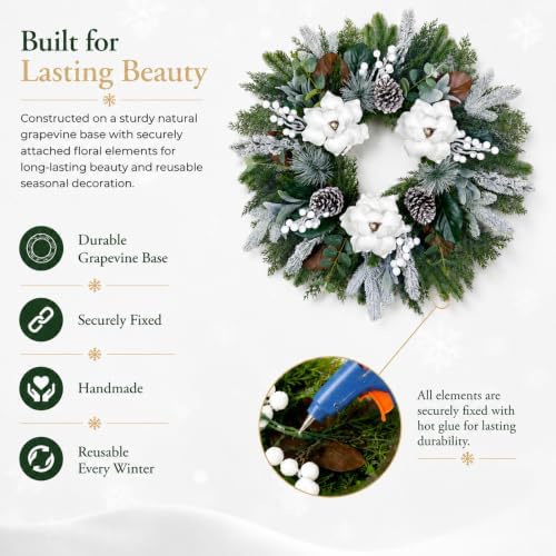 28inch winter wreath for front door, frosted magnolia, side view