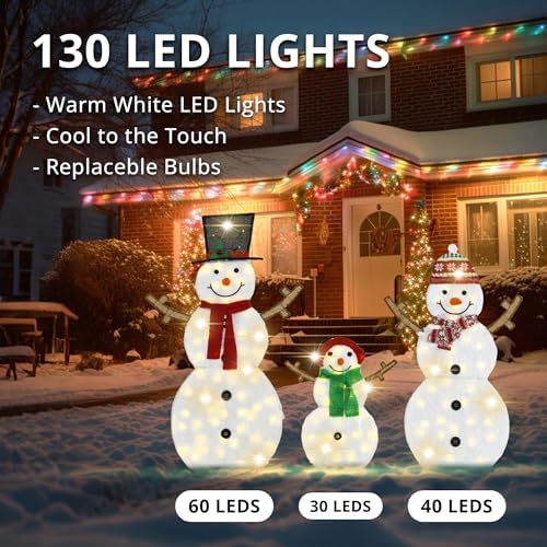 lighted snowman family outdoor christmas decoration, set of shown in use