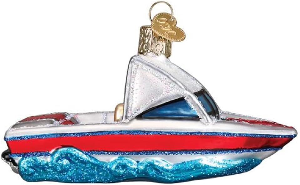 Old World Christmas Ski Boat Glass Blown Ornament for Christmas Tree, Handcrafted Holiday Decoration, Boating Collection