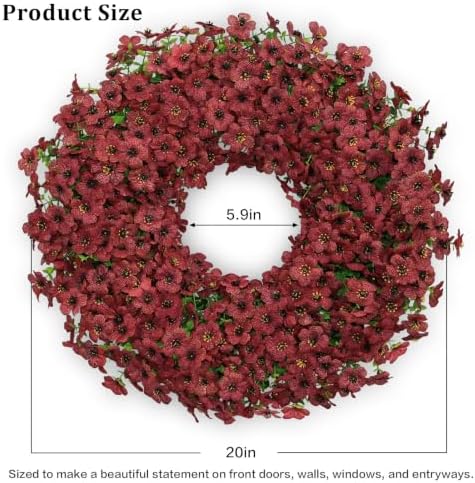 20" burgundy artificial floral wreath for front door shown in use