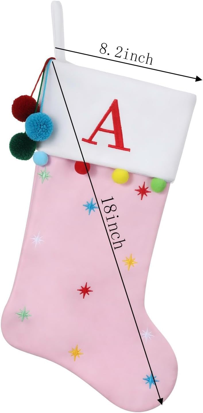 19" Pink Personalized Christmas Stocking—Embroidered Letter-S | Embroidered Fleece Stockings with Stars & Pom Poms, Holiday Fireplace Decor for Xmas Party,Festive Gift