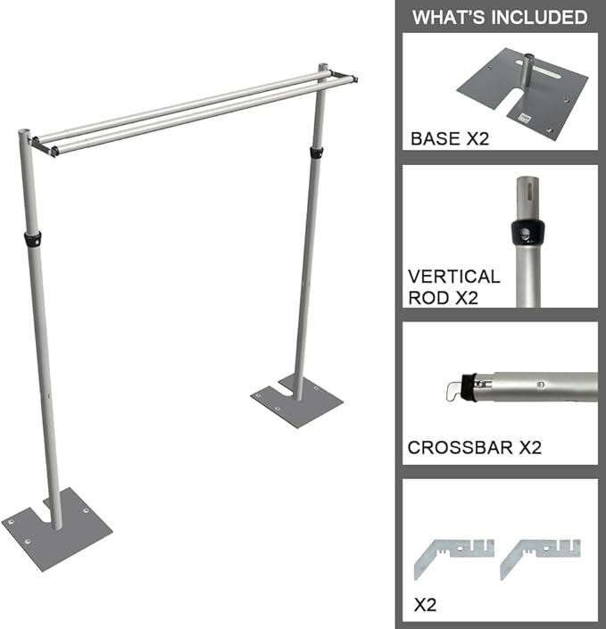 Portable Pipe and Drape Heavy Duty Backdrop Stand, ADJ Metal Frame and Heavy Metal Base for Wedding, Birthday Party, Photography Backdrop(Tall-8FT & 2*CrossBar-10FT & Hangers)