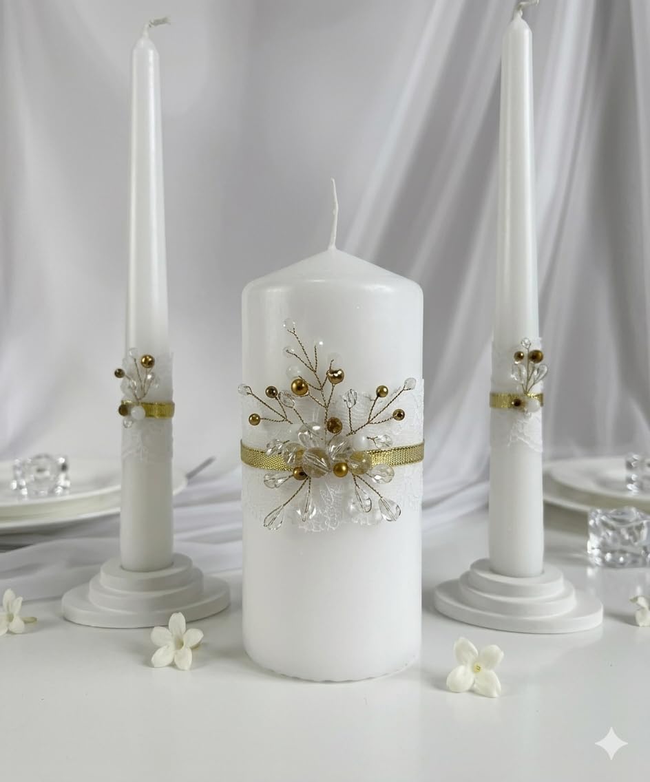 Unity Candle Set - Wedding Ceremony & Reception – 6” Pillar & Two 10” Taper Candles – Long Burning Unity Candles for Marriage Ritual – Handmade in USA – Diamond |Gold