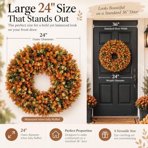 fall wreaths for front door, 24 inch faux, close-up detail