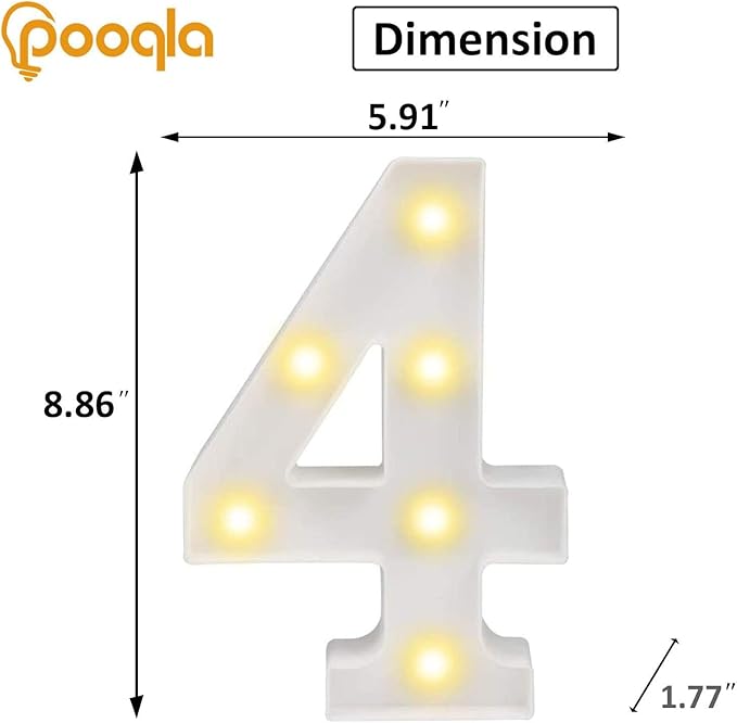 Pooqla LED Light Up Numbers, Warm White and Cool White Decorative Lighted Marquee Numbers, Light Up Numbers for Boys Girls Party, Wedding, Bar, Night Light, Room Decor, Birthday Decoration, Number 4