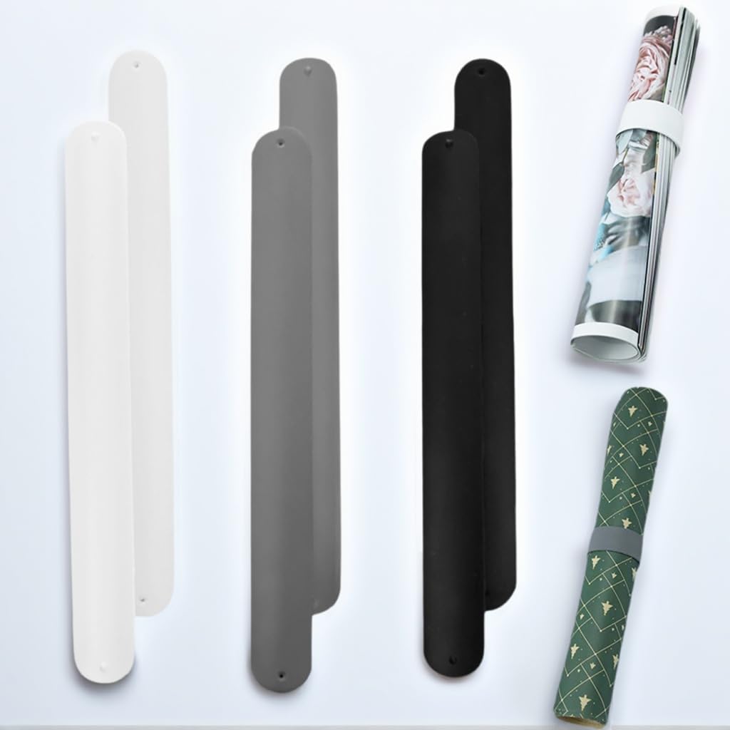6 PCS Wrapping Paper Holder Silicone Covered Metal Strips Poster Slap Bands Gift Wrapping Paper Clamps for Home Gift Wrapping Storage Organization(Black, White, Gray)