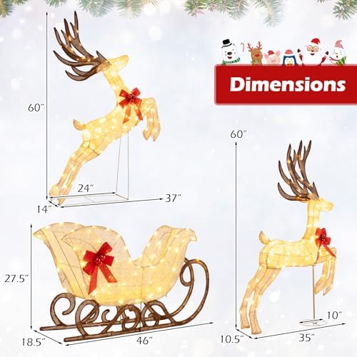 tangkula 3-piece christmas lighted reindeer & sleigh set, side view
