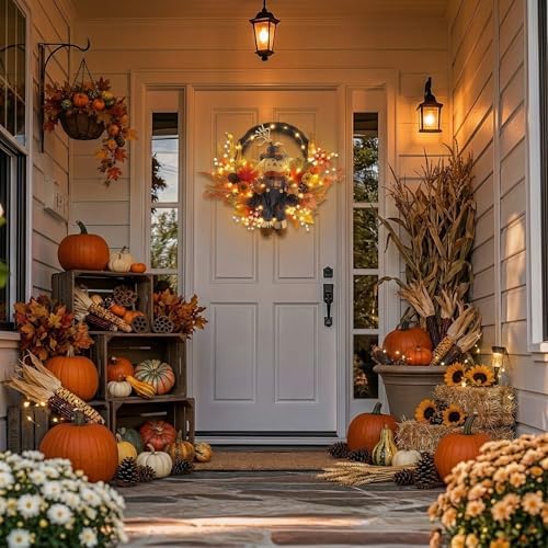 valery madelyn 24" collapsible scarecrow doll fall wreath, close-up detail