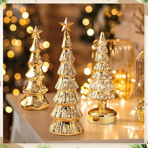 funnymoom 3 pack glass christmas trees light up showing dimensions