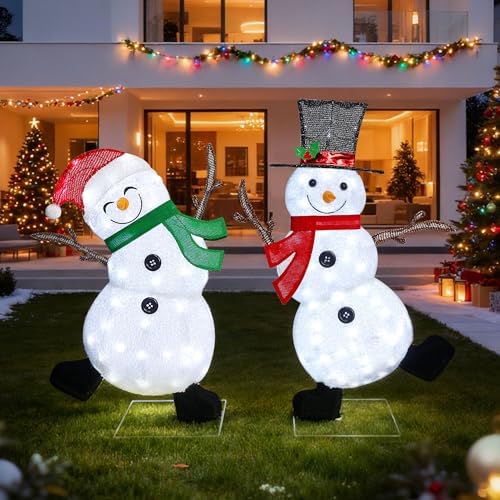 lulu home 2-pack lighted christmas snowman decorations, 3.1+2.5ft, front angle view