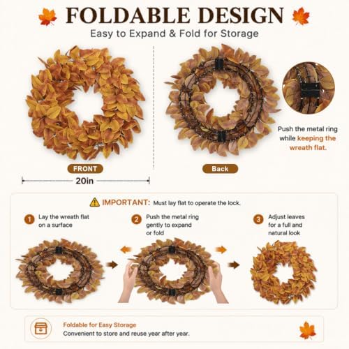 20" fall wreath for front door, artificial autumn shown in use