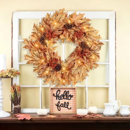 24in pre-lit fall wreaths for front door with, front angle view