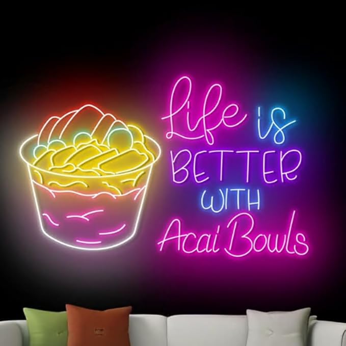 Life Is Better With Acai Bowls Neon Sign, Acai Bowl LED Light,Smoothies Neon Light, Smoothies Shop Decor, Acai Lover Gift Size:23inch