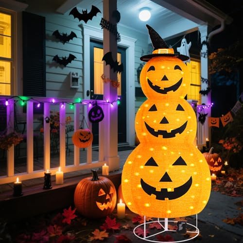 halloween pumpkin decorations, battery operated pre-lit collapsible jack-o-lantern showing dimensions