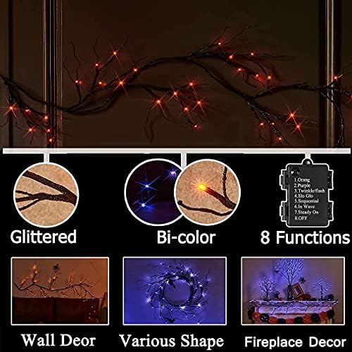 litbloom lighted black glittered garland with 48 orange, close-up detail