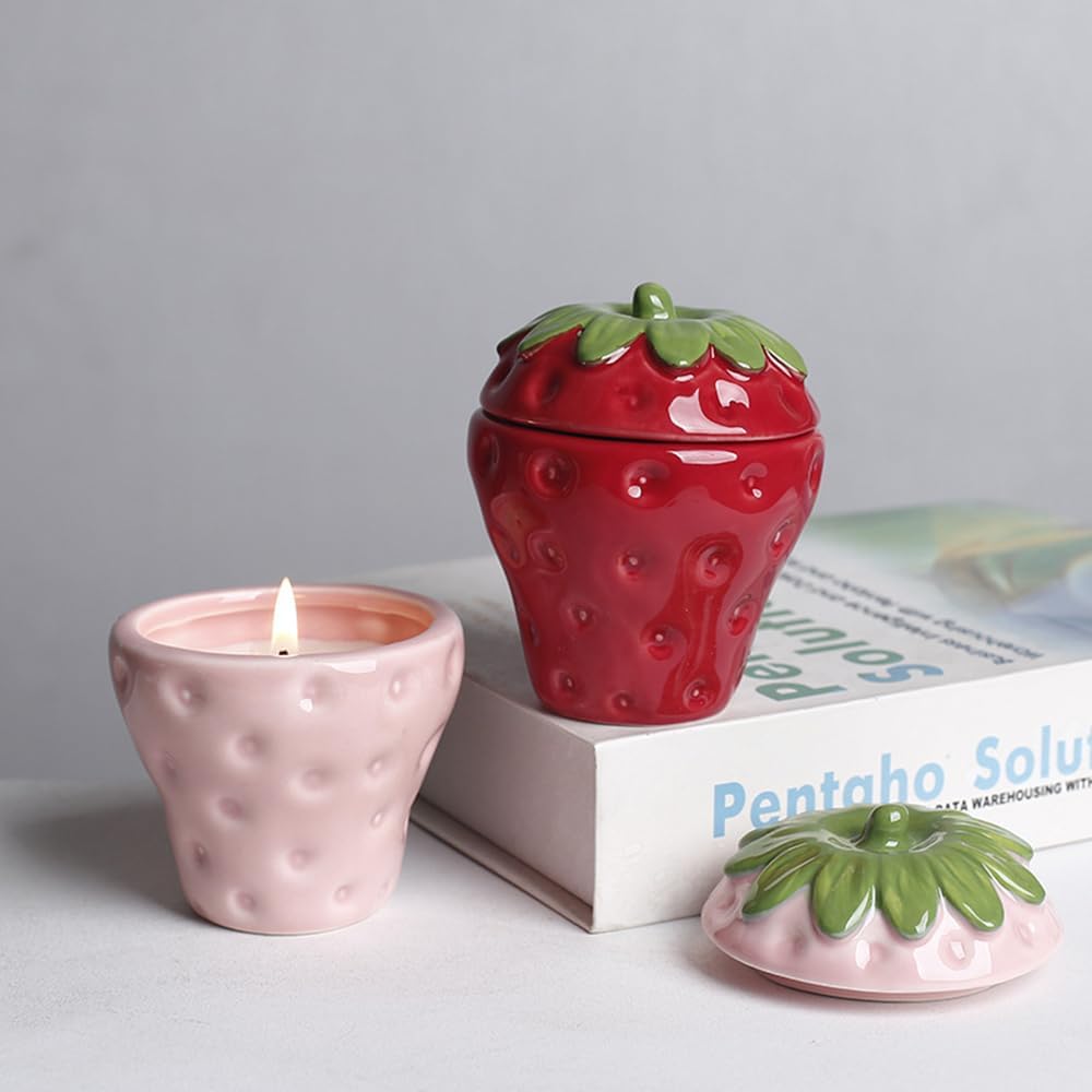 Strawberry Shaped Ceramic Candle Jar with Lid, Home Decor Aromatherapy Candlestick, Easter Bonus Candy Chocolate Storage jar (Red)