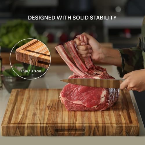 teakhaus edge-grain teak wood cutting board with grip, front angle view