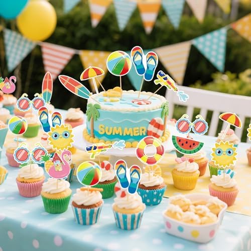 100 Pcs Summer Beach Cupcake Toppers for Kids Tropical Beach Pool Swimming Hawaii Theme Cake Insert Decorations for Summer Birthday Baby Shower Wedding Party Supplies
