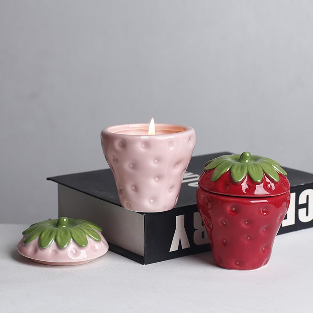 Strawberry Shaped Ceramic Candle Jar with Lid, Home Decor Aromatherapy Candlestick, Easter Bonus Candy Chocolate Storage jar (Red)