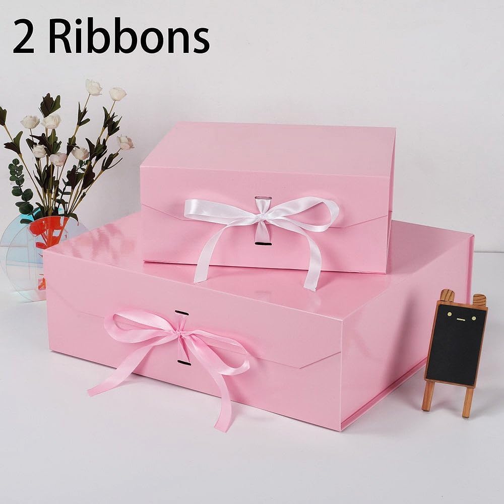 GoooodGift Pink Gift Box with Ribbon 1 Pcs 8x7X3.3 Inch Small Gift Box with Lid Magnetic Closure Rectangle Collapsible Luxury Gift Boxes for Mother's Day、Birthdays、Shredded Paper Filler