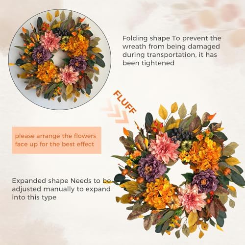 24" fall wreaths for front door outside,autumn wreath, front angle view