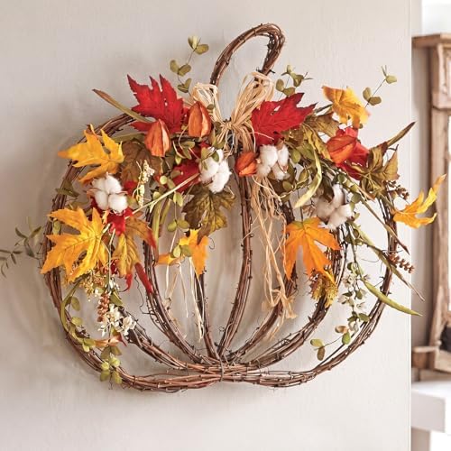 fall pumpkin wreath for front door, grapevine maple, main product view