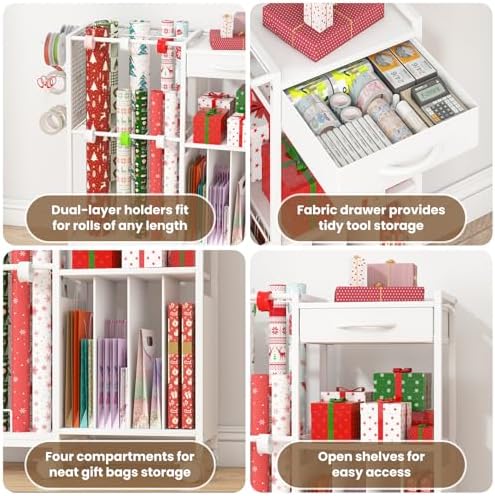 wrapping paper storage cart, rolling gift wrap station, close-up detail