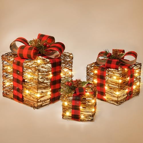 lawoho set of 3 christmas lighted gift boxes,rustic, main product view
