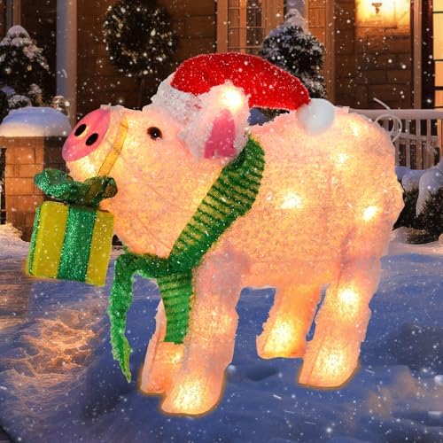 15" lighted christmas pig, 3d pre‑lit indoor outdoor shown in use