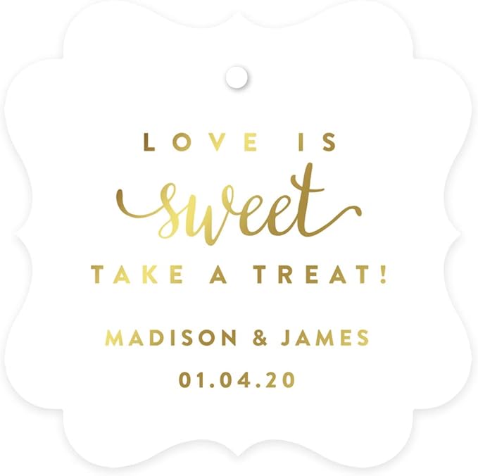 Andaz Press Personalized Fancy Frame Square Wedding Gift Tags, Metallic Gold Ink, Love is Sweet Take a Treat, 24-Pack, Custom Made Any Name, Gold Party Supplies