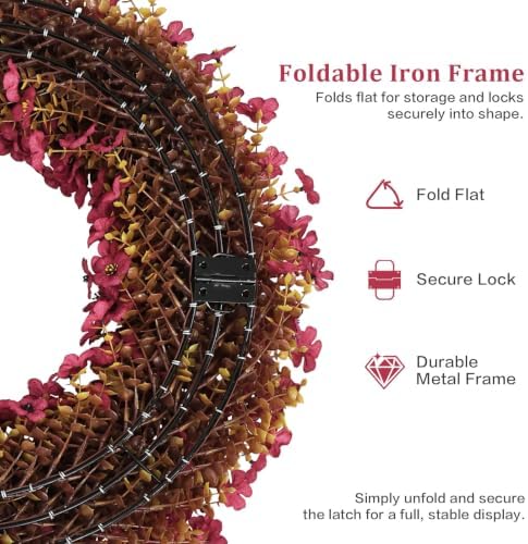 24" burgundy fall wreath for front door, artificial, close-up detail