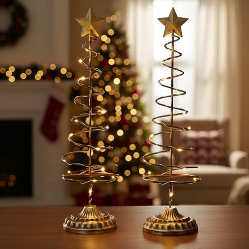 set of 2 lighted christmas tree table decoration, side view