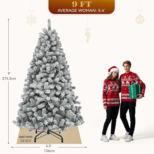 yitahome prelit snow flocked artificial full christmas tree, front angle view