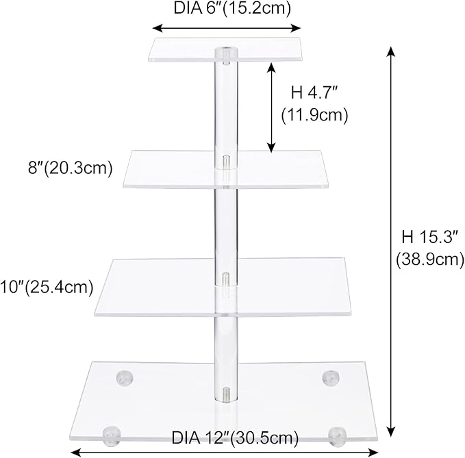 Cupcake Stand, 4 Tier Square Acrylic Cupcake Display Stand Holder, Clear Dessert Pastry Tower for Wedding, Birthday, Theme Party, Baby Shower