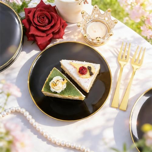 festiva 400pcs black gold dessert plates 6.3" with showing dimensions