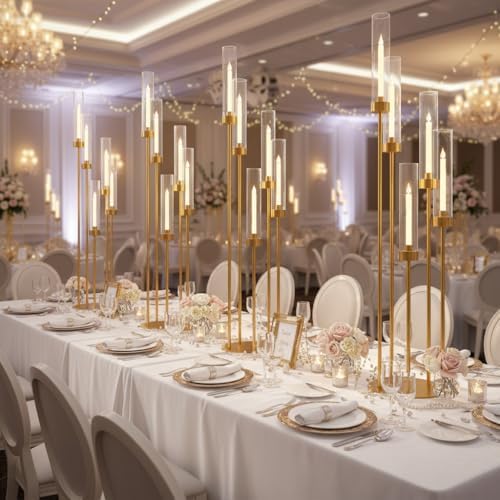 2PCS Gold Floor Candelabra,5 Arm Candle Holder Tall Floor Candle Holder with Acrylic Lampshade for Wedding Table Birthday Party Home Decoration Fit LED Taper Candles