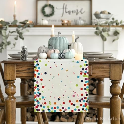 Artoid Mode Polka Dot Beige Happy Birthday Table Runner, Seasonal Kitchen Dining Table Decoration for Home Party Decor 13x72 Inch