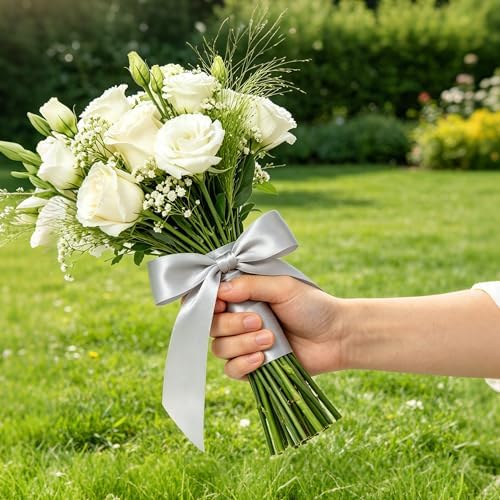 1In 30Yards Silver Satin Ribbon for Flower Bouquet Christmas Wedding Party | Metallic Glossy, Wear Resistant, Easy Cut, Soft Thick Polyester, Double Stitched Edges, for Bouquets, Lei Making and Crafts