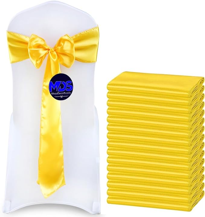 MDS Pack of 150 PCS Satin Chair Sashes Charmeuse Sateen Dining Chair Bows Ribbon Ties Back Sash for Wedding Party Birthday Home Hotel Restaurant Banquet Decoration (7 x 108 Inch, Yellow Gold)